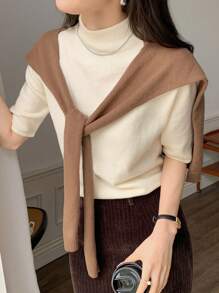 DAZY 2 Pcs/Set Women Solid Color Stand Collar Short Sleeve Knit Top And Cape - Beige - View 6