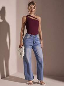 SHEIN BAE Bộ đồ liền thân cổ không đối xứng đơn giản hàng ngày màu trơn dành cho nữ Bộ đồ liền thân dành cho nữ - Màu Đỏ Sâu - Xem 2