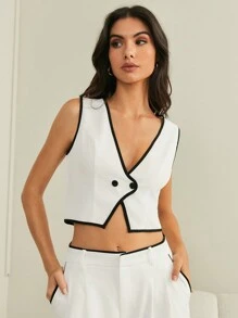 SHEIN Essnce 2 Áo không tay tương phản dành cho nữ và quần ống đứng tương phản, áo vest cài nút phía trước có họa tiết, áo vest mùa thu mới có áo vest, áo mùa thu, kẻ caro, cơ bản, vải lanh, đi làm, tối giản, văn phòng, phong cách cũ, đơn giản, - trắng - Xem 3