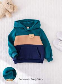 Cozy Pixies Baby Boy Bear Graphic Color Block Round Neck Long Sleeve Pullover Sweatshirt, Casual All-Match