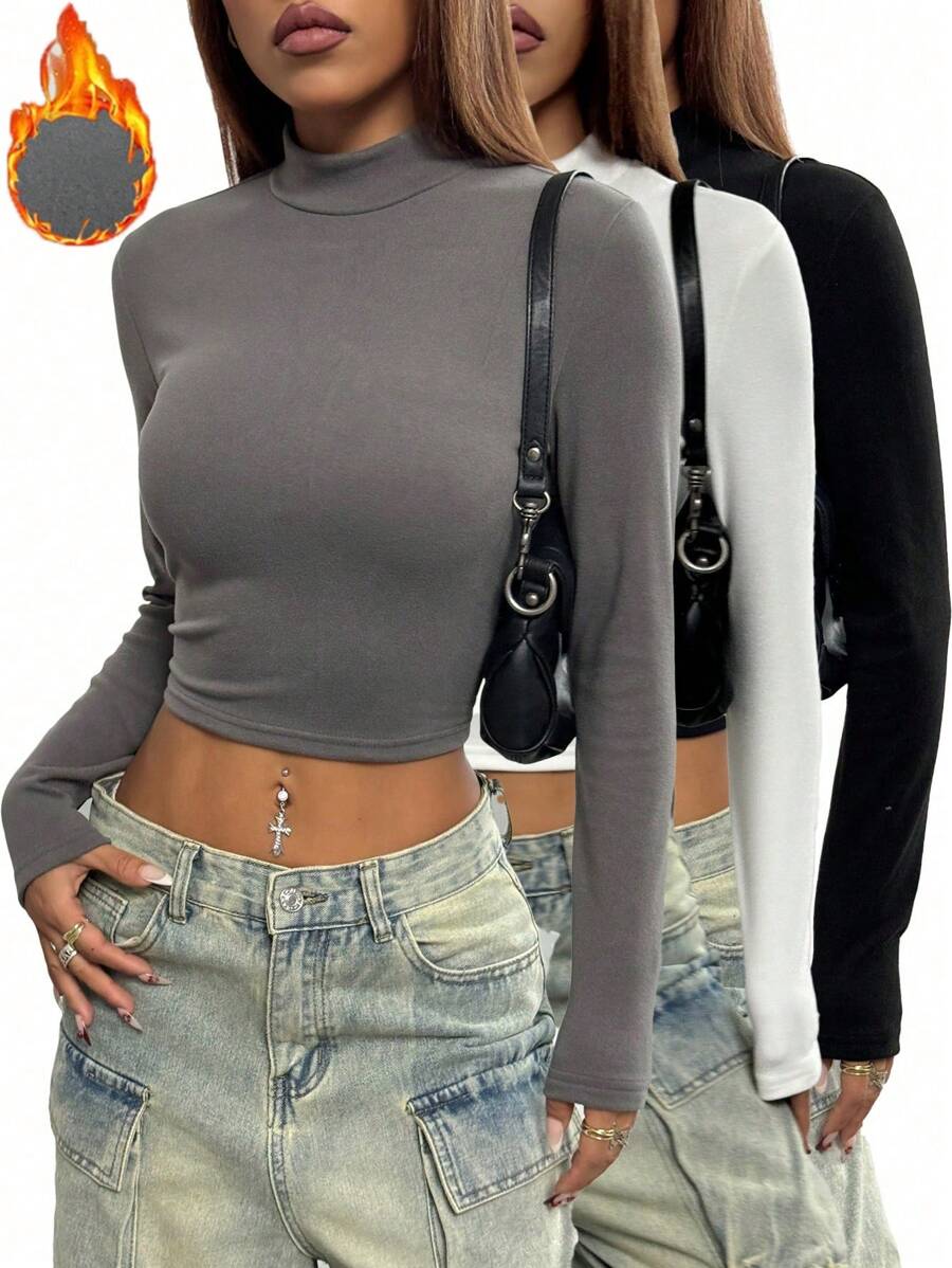 StreetHx 3pcs/Set Solid Color Stand Collar Plush Long Sleeve Base Layer Tee (Random Cut) For Women - Multicolor - View 1