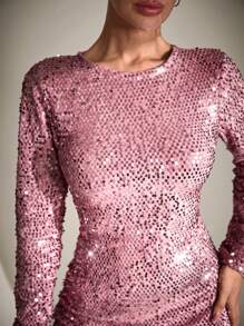 EURMUSE WOMAN SHORT PINK BODYCON DRESS WITH SEQUINS - Pink - View 6