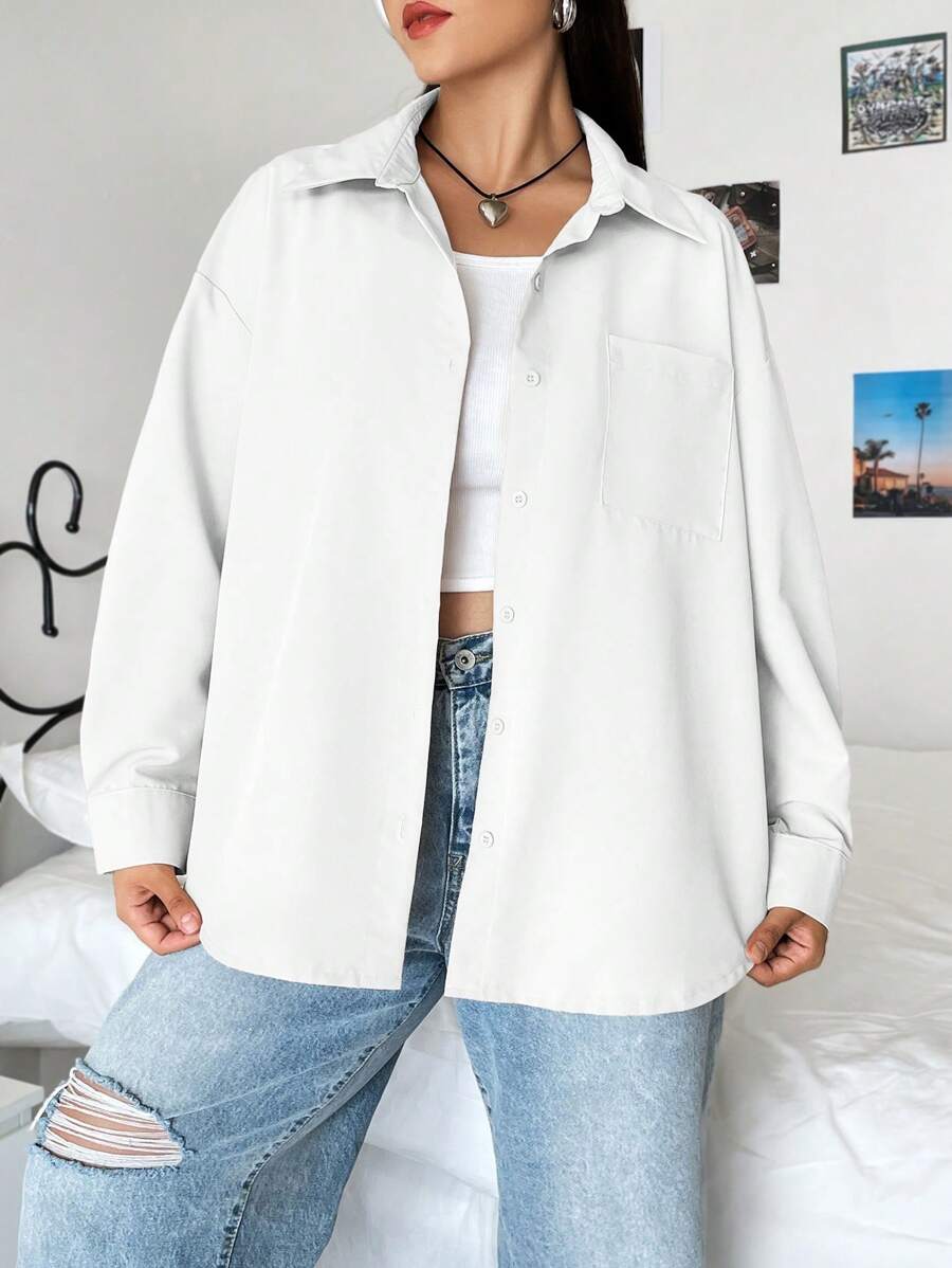 CovetEZ Plus Size Solid Color Front Button Pocket Long Sleeve Casual Shirt - White - View 1