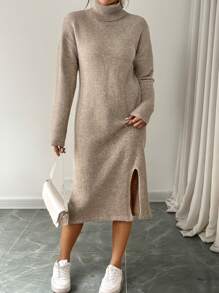 Chiquease Vestido de suéter para mujer con cuello alto y abertura por encima de la rodilla, de estilo casual y elegante para otoño/invierno - Camel - Ver 4