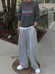 DAZY Men's Casual Loose Letter Print Sweatshirt, Autumn - Grey - View 3