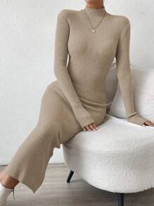 RosyDaze Vestido jersey de punto de unicolor y ajustado para mujer, informal para uso diario, otoño/invierno - Caqui - Ver 4