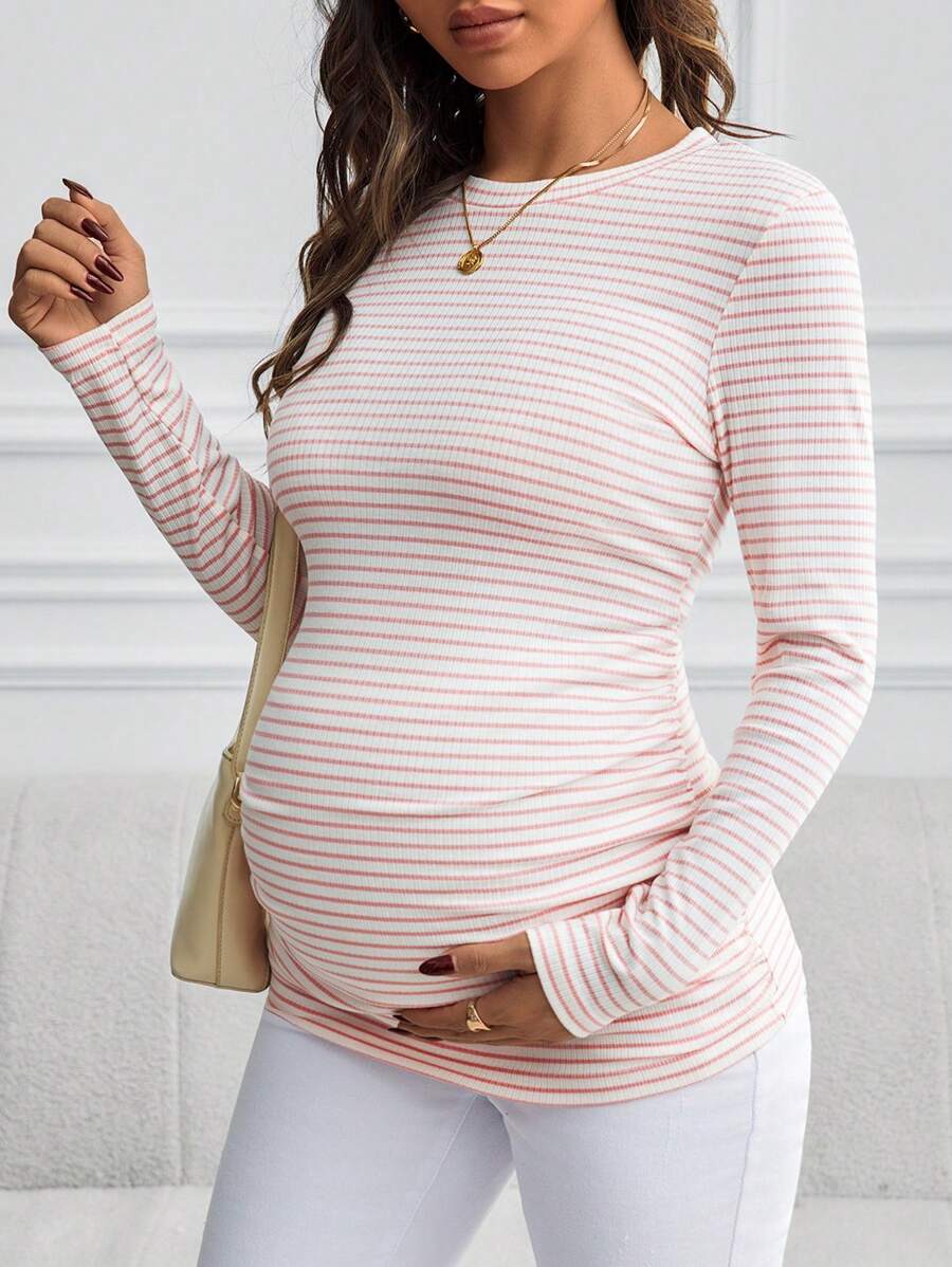 SHEIN Maternity Striped Round Neck Long Sleeve Slim Casual T-Shirt, Autumn