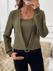 SHEIN Clasi 1pc Women Fleece Waffle Knit Hooded Sweatshirt In Fall/Winter - Army Green - View 3