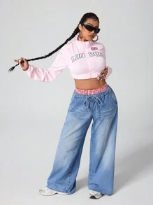 Jeanoix Y2K Style Faded Plaid Patchwork Loose Wide Leg Long Denim Jeans - Light Wash - View 6