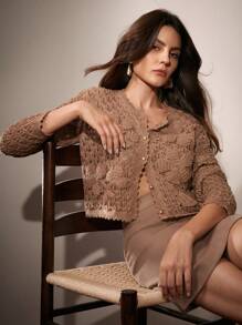 优雅手工钩织 3D 花卉针织棕色女式开衫 - 棕色 - 查看 5