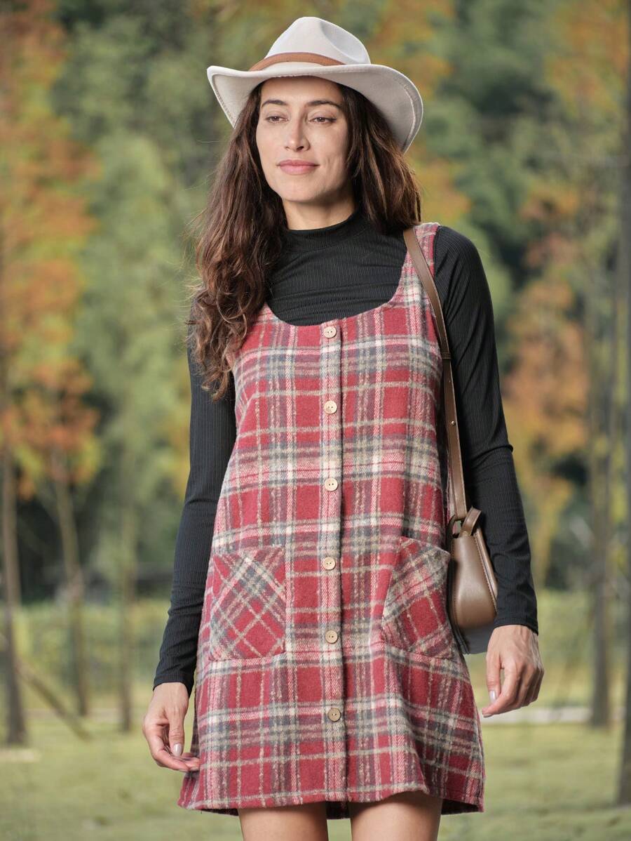 LanaWest Set de 2 piezas con camiseta de Navidad y falda de tirantes a cuadros rojos - Negro - Ver 1