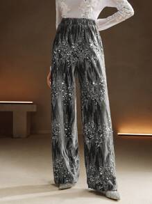 Anewsta New Design Embroidered Sequins Plush Fabric Wide Leg Palazzo Pants For Ladies For Holiday Party Clothes