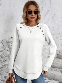 SHEIN LUNE Khaki Raglan Sleeve Button Design Sports Sweatshirt For Women - White - View 4