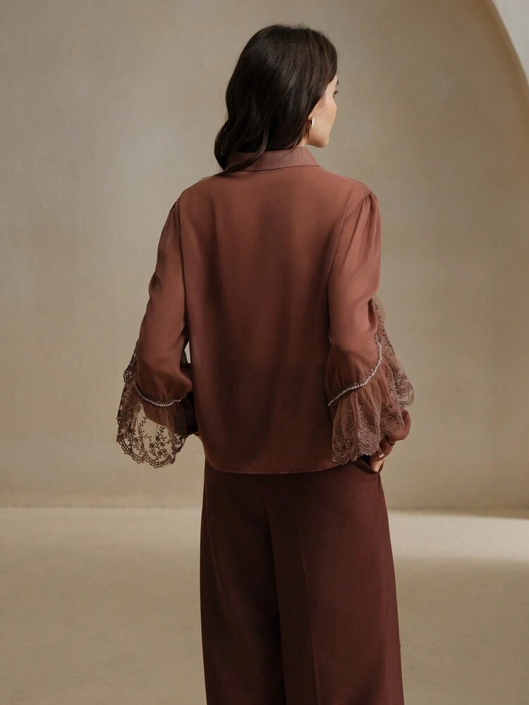 Women's Long Sleeve Lace Trim Embroidered Bead Decor Mermaid Chiffon Blouse Women Shirt