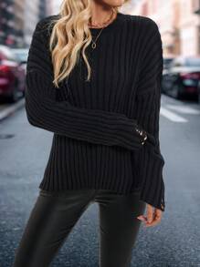 SHEIN LUNE 1pc Women Solid Color Loose Ribbed Comfortable Pullover SweaterKnit PulloverFall Winter Outfit