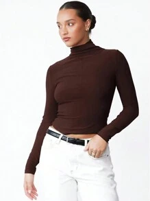 INAWLY Women Stand Collar Long Sleeve Solid Color Simple T-Shirt, Casual For Daily Wear