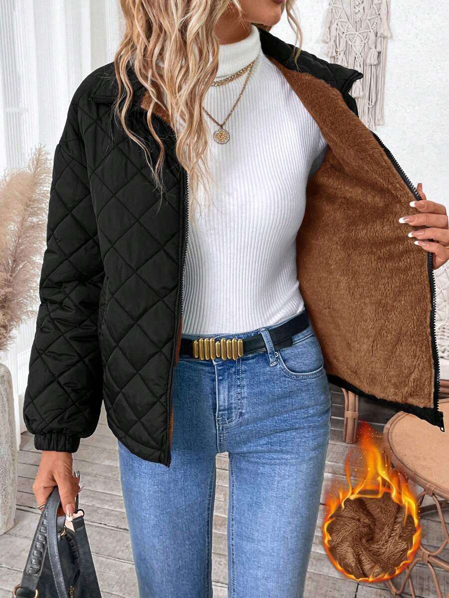 SHEIN LUNE 女士休闲纯色拉链绗缝外套，适合秋冬季节穿着 - 棕色 - 查看 1