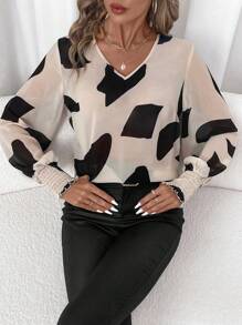 SHEIN Clasi Women's Geometric Pattern V-Neck Elastic Sleeve Casual Shirt, Versatile For Commuting And Outdoor Wear, Autumn/Winter