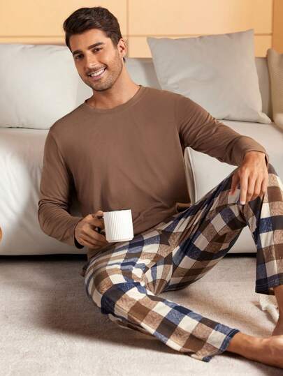Herren Set aus einfarbigem Langarm-Rundhals-Hemd und karierter Pyjama-Hose, 2-teilig, Herbstkleidung