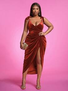 Slaydiva Plus Size Black Velvet Underwire Detail Draped Midi Dress-O - Redwood - View 5