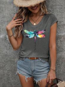 INAWLY Camiseta casual de manga corta con cuello en V y estampado de libélula para mujeres - Gris Oscuro - Ver 5