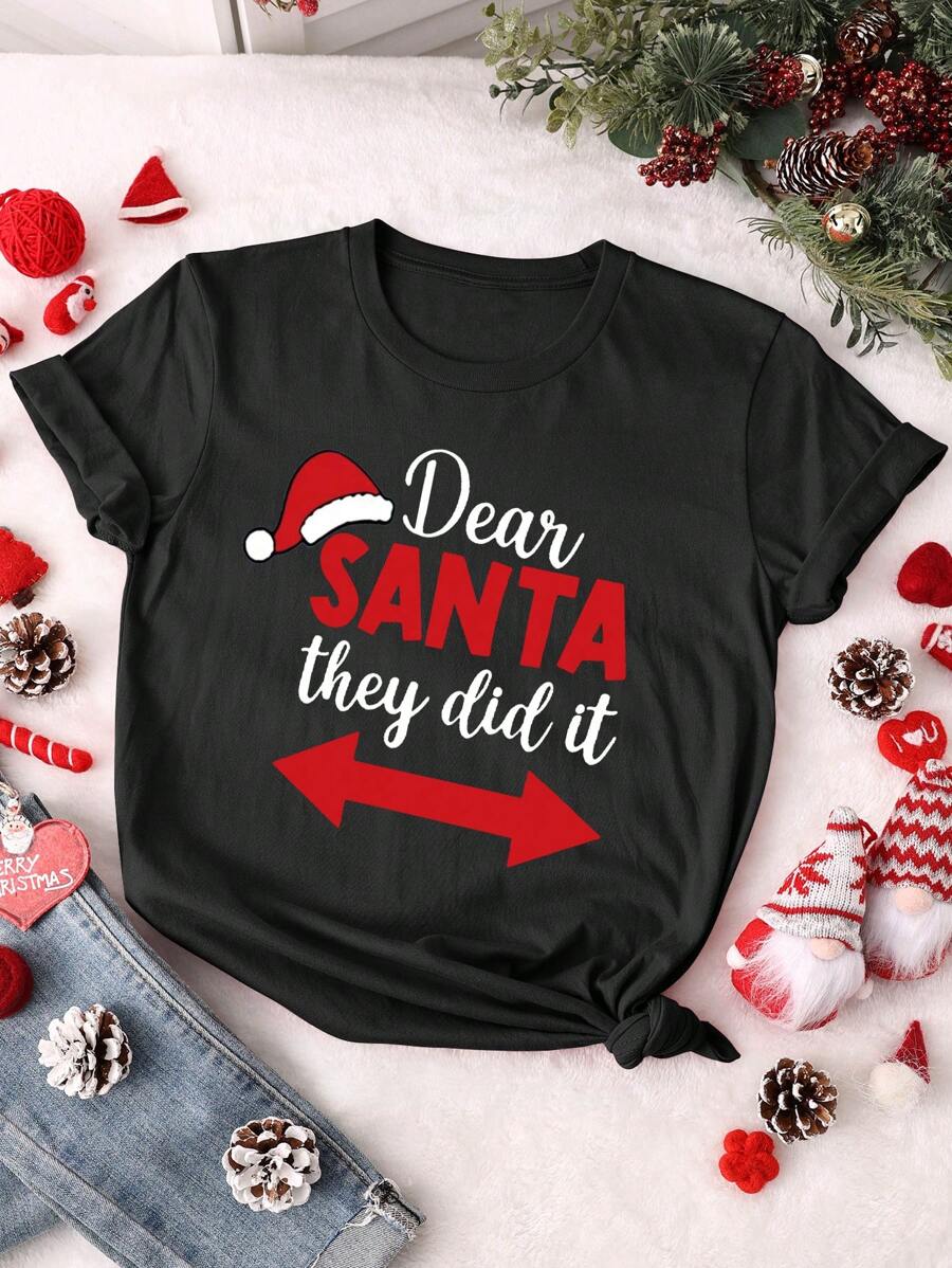 Chiquease Santa Print Christmas Slogan Cartoon Santa Hat Casual Women Round Neck Short Sleeve T-Shirt