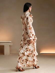 Anewsta 女式不对称收腰花卉长裙，秋季长款女装 - 粉色 - 查看 2