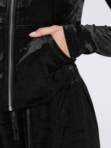 SHEIN EZwear 女士拉链门襟抽绳连帽上衣和裤子套装 - 黑色 - 查看 3