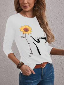 EMERY ROSE Camiseta de manga larga informal con estampado de flores y letras, otoño