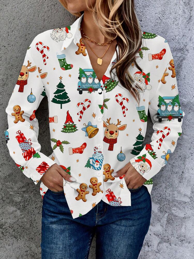 Gilet décontracté simple avec éléments de Noël, manches longues, chemise pour femmes, convient pour l'automne/l'hiver, hauts à manches longues