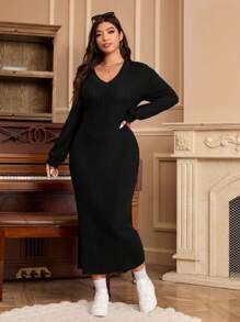 SHEIN EZwear Plus Size Figure Flattering V-Neck Split Hem Bodycon Dress - Black - View 5