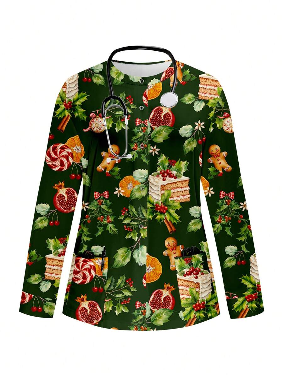 SHEIN TaskFit Colorful Cute Cartoon Christmas Dessert & Blessing Print