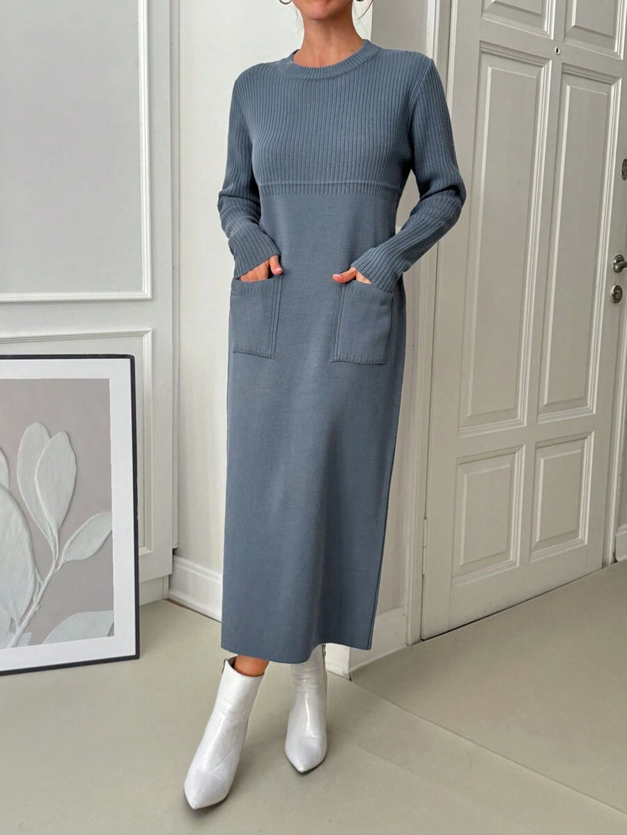 EURMUSE Women Solid Color Round Neck Pocket Detailed Maxi Sweater Dress - Dusty Blue - View 1