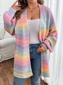 SHEIN VCAY Plus Size Ombre Gradient Long Sleeve Cardigan With Belt - Multicolor - View 5
