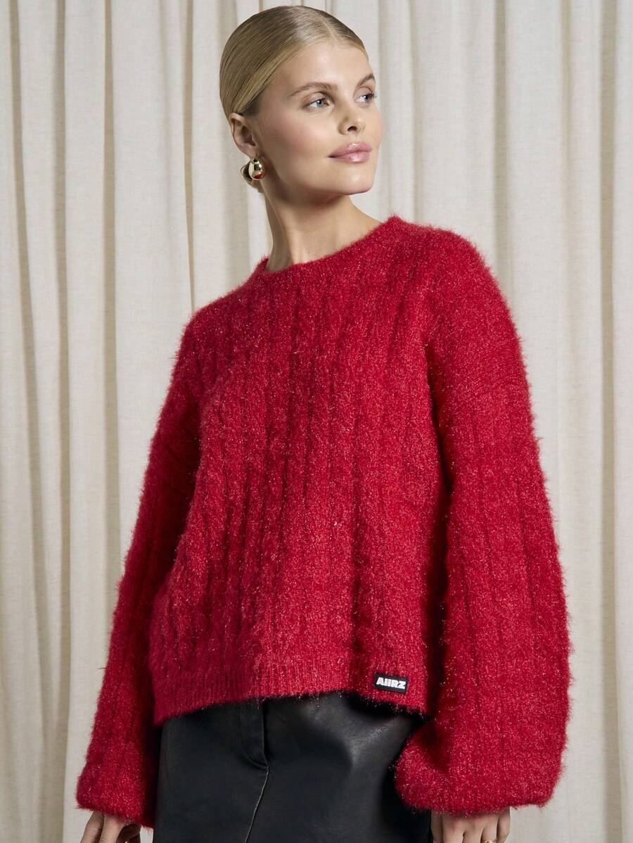 AiiRZ Fuzzy Knit Sweater Balloon Sleeve Cozy Winter Holiday Festive Pullover Soft Sweater Fashion Jumper Fall Casual Knitwear - Red - View 1