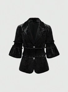 ROMWE Hippie Blazer elegante de terciopelo con cuello en pico y mangas de campana para mujer