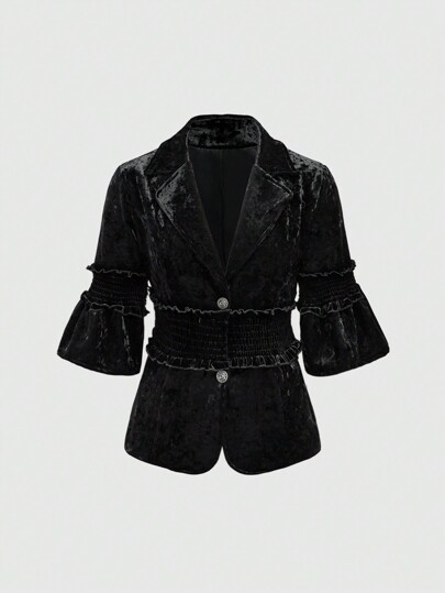 Hippie Women's Notched Collar Bell Sleeve Elegant Velvet Blazer