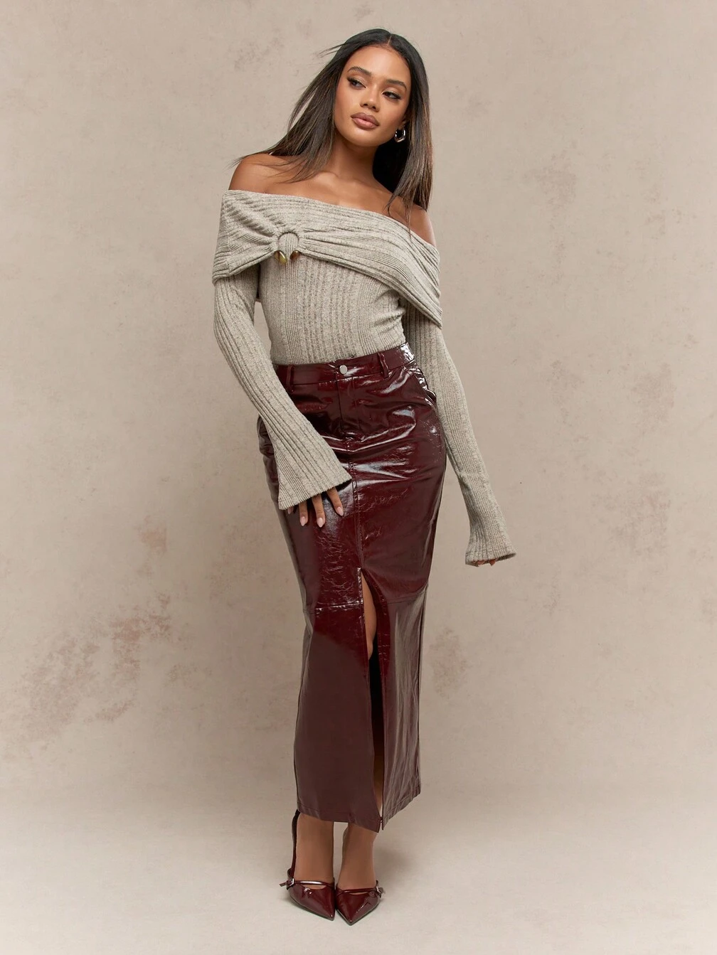 MISSGUIDED Patent Faux Leather Front Slit Maxi Skirt Christmas