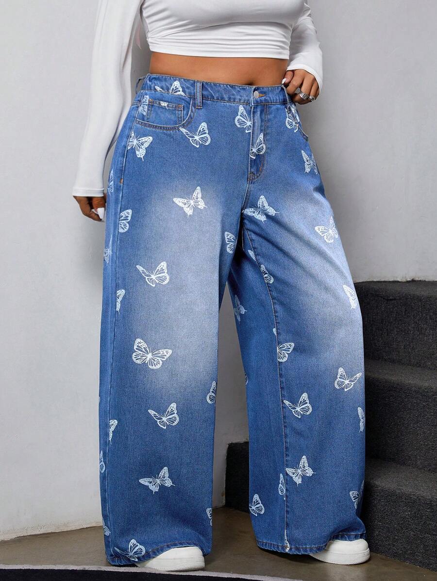 SHEIN ICON Plus Size Women Button Front Pocket Butterfly All-Over Print Casual Denim Jeans - Blue - View 1