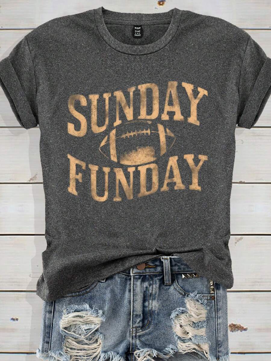 SHEIN LUNE 字母标语和运动球图案圆领短袖时尚女士 T 恤 - 深灰色 - 查看 1