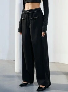 Aveloria Modichic Black High-Waisted Thick Tweed Wide Leg Casual Loose Pants For Women With Contrasting Floral Lace Design Fall Cloth For Women
