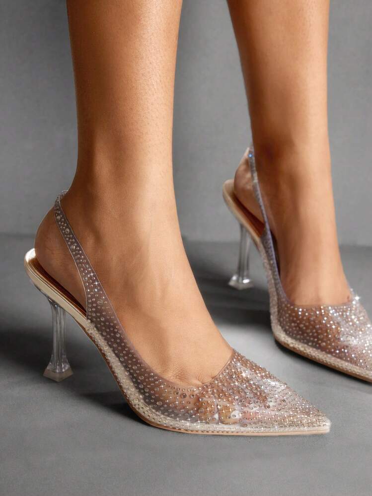 CUCCOO SZL 时尚金色透明 PVC 全水钻尖头高跟凉鞋，女士通勤、约会、派对、婚礼情人节鞋 - 金色 - 查看 1