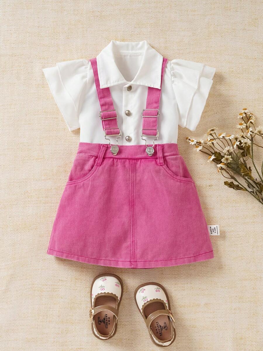 SHEIN Baby Girl Summer Denim Suspender Skirt And Solid Simple Ruffle Trim Top 2-Piece Set - Pink - View 1