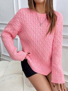 Chiquease Women Round Neck Floral Chiffon Twist Rope Mid-Length Sweater, Autumn/Winter Knit Pullover Fall Outfit - Pink - View 4