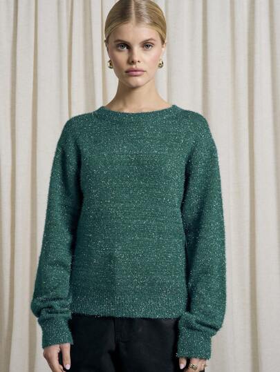 AiiRZ Festive Holiday Sparkle Tinsel Knit Sweater Balloon Sleeve Winter Party Wool Blend Metallic Shimmer Jumper Classic Cozy