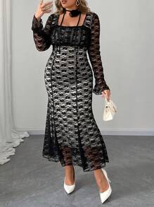 SHEIN Unity Plus Size Square Neck Long Sleeve 3D Floral Fish Tail Dress Fall Cloth For Women - Multicolor - View 3