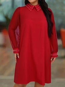 SHEIN Clasi Plus Size Solid Color Beaded Decoration Lapel Mesh Stitching Long Sleeve Dress For New Year Clothes - Red - View 4