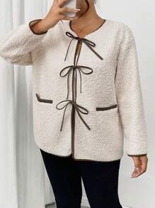 SHEIN Frenchy Chaqueta casual holgada con parches de unicolor PU de talla grande con bolsillos para invierno