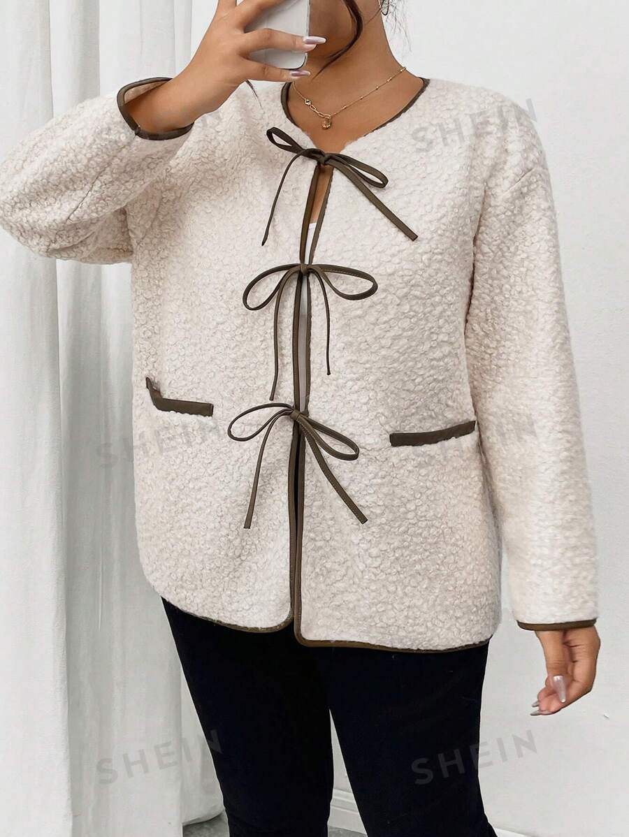 SHEIN Frenchy Chaqueta casual holgada con parches de unicolor PU de talla grande con bolsillos para invierno