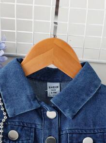 SHEIN 嬰兒女孩休閒簡約時尚單排釦無袖連衣裙，夏季 - 藍色 - 查看 3